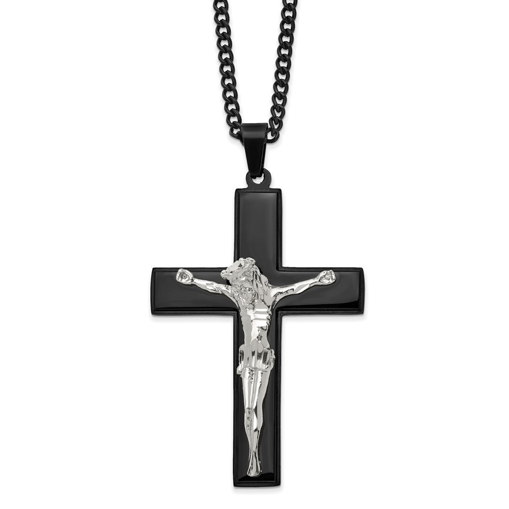 Chisel Stainless Steel Black IP-plated Crucifix Charm w 24" Curb Chain Necklace